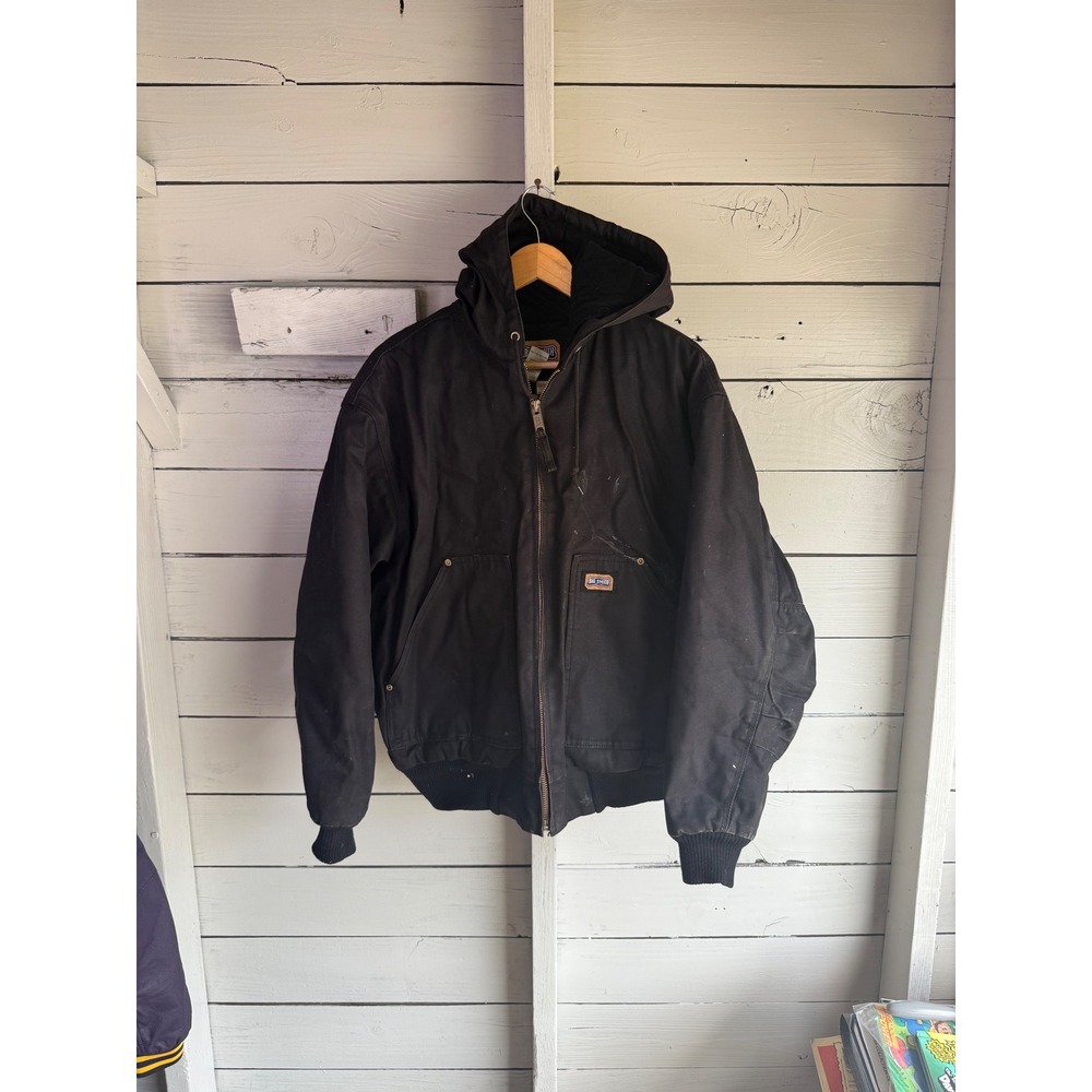 Big Smith Mens Black Canvas Hooded Work Jacket Quilted Lined Bomber Large